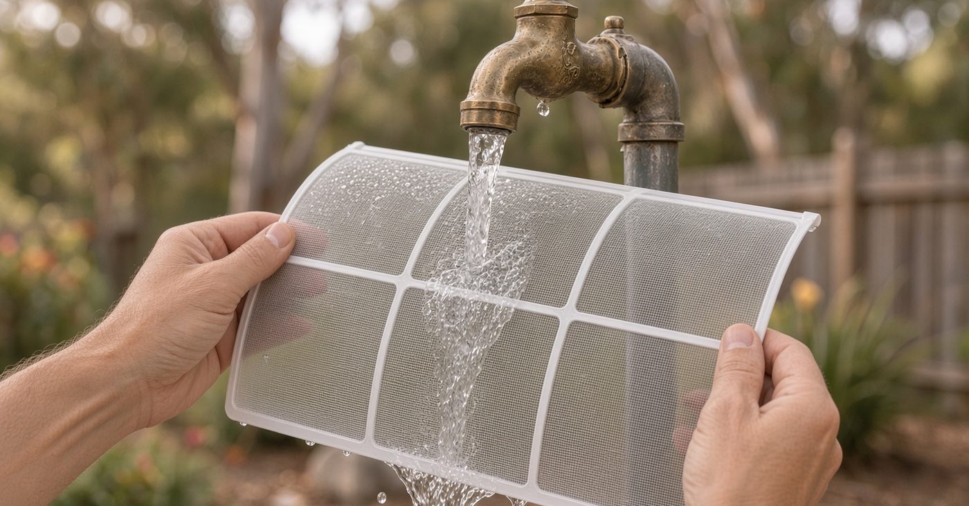 A washable air conditioner filter being rinsed under a garden tap