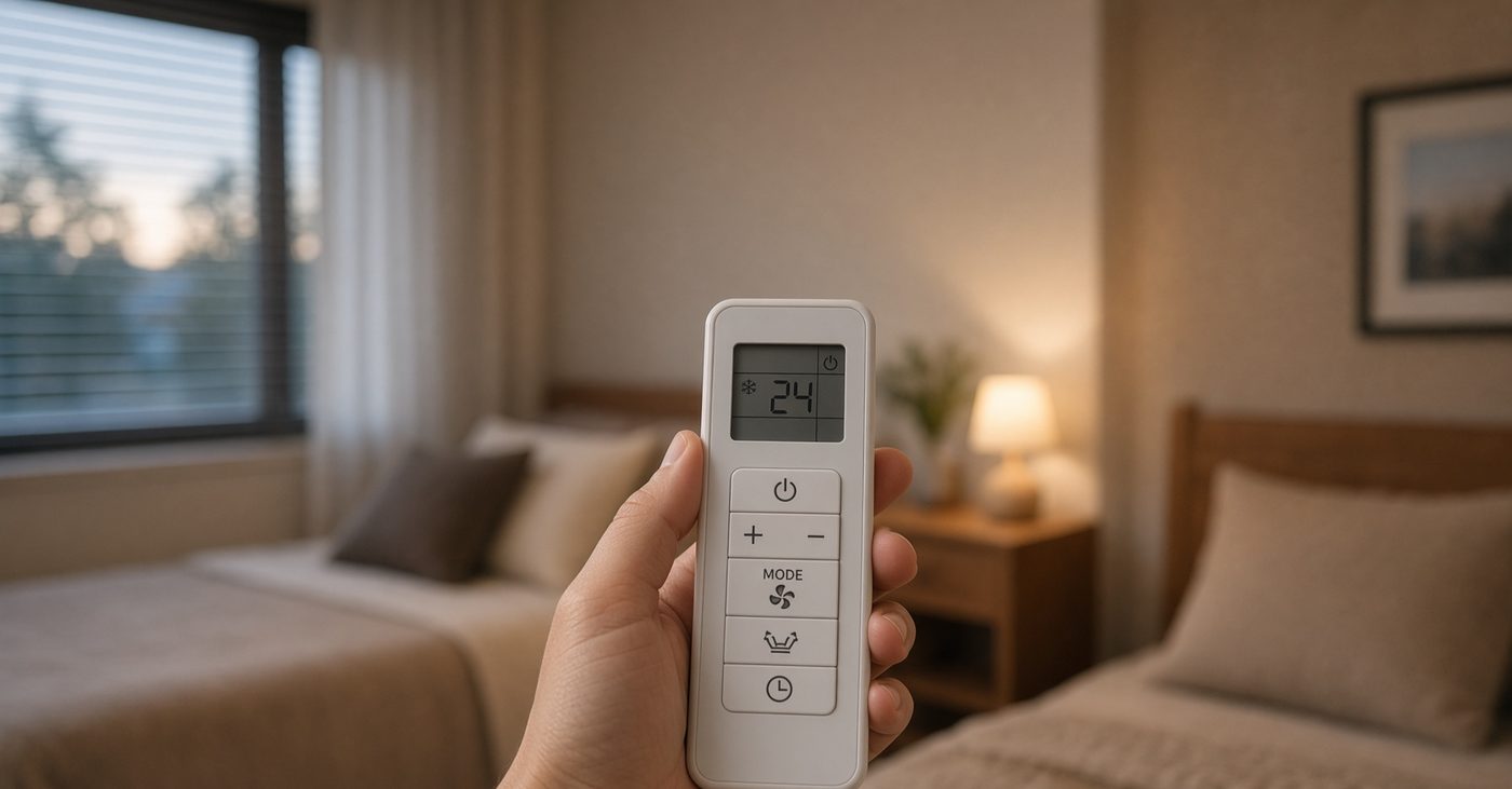 Split system remote set to 24 degrees in a bedroom