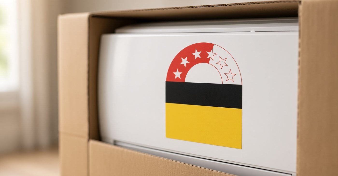 Energy rating label on a new indoor unit still in its box
