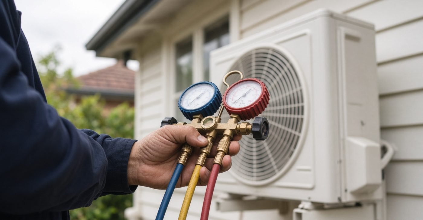 Refrigerant gauges connected to an outdoor unit during a service