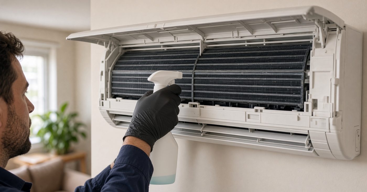 Technician cleaning the coil of a wall-mounted indoor unit with the cover open