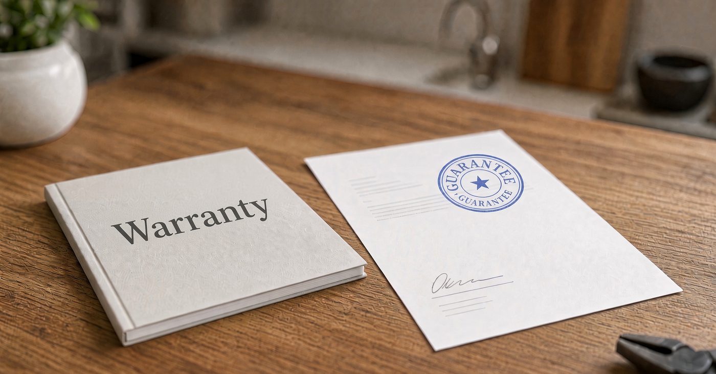 A manufacturer warranty booklet beside a written guarantee on a kitchen bench