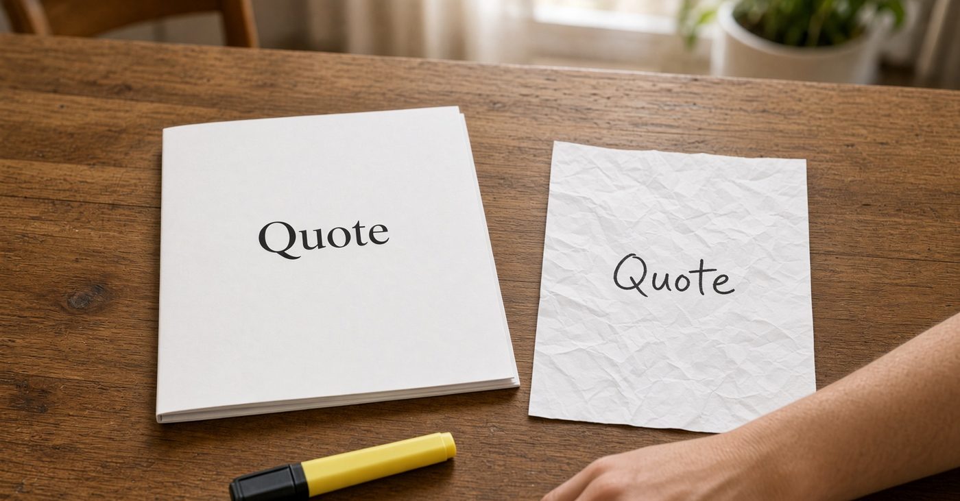 A neat printed air conditioning quote beside a crumpled handwritten one