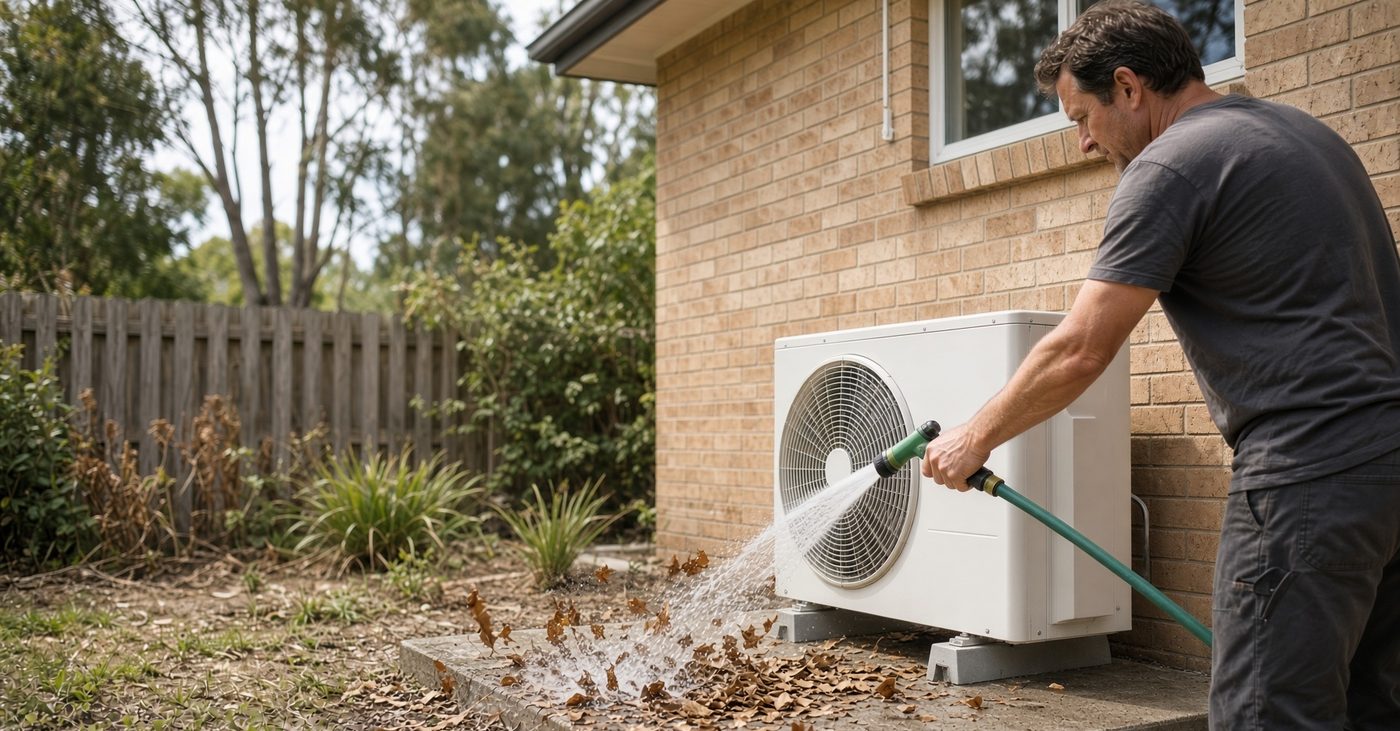 Homeowner hosing leaves away from an outdoor unit before summer