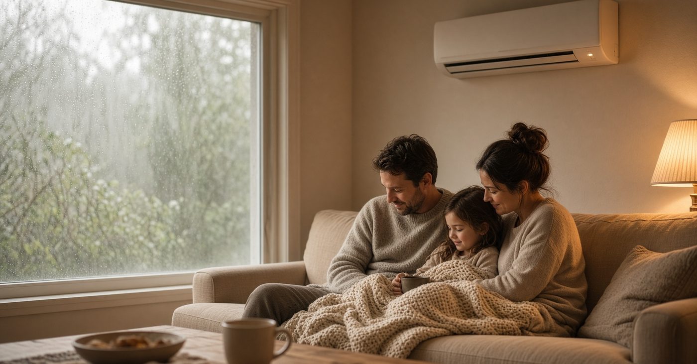 A family on the couch on a cold wet morning with a wall-mounted split system heating the room