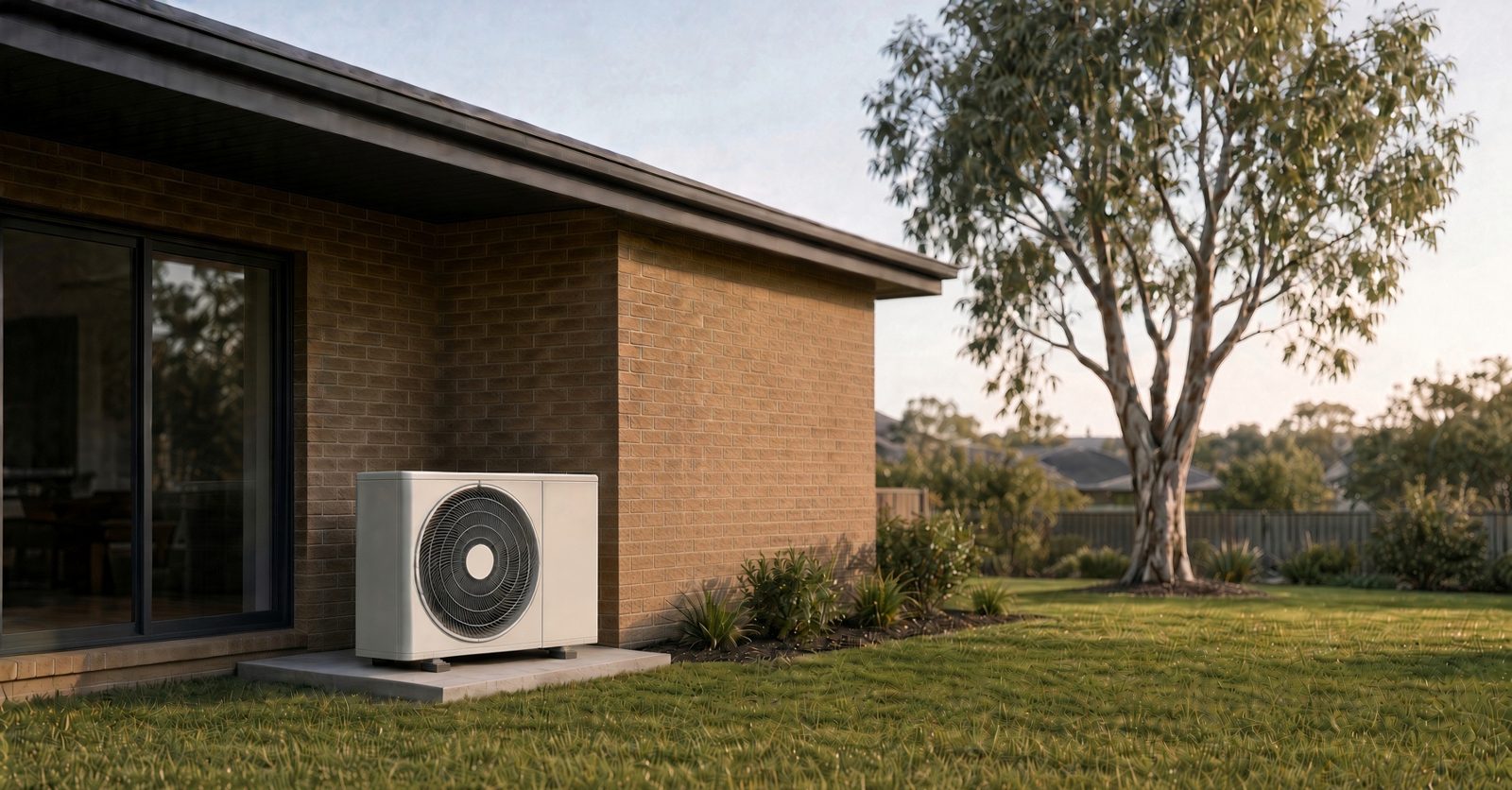 Inverter outdoor air conditioning unit on a concrete pad beside a brick home