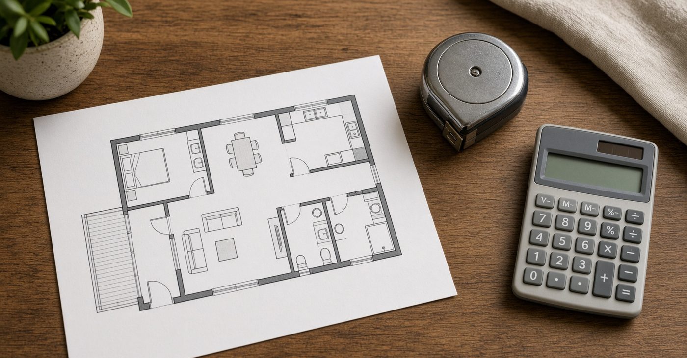 A house floor plan on a table with a tape measure and a calculator, sizing an air conditioner