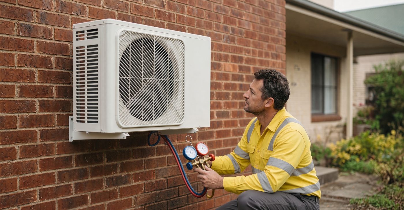 Licensed air conditioning installer checking refrigerant pressures on a new outdoor unit