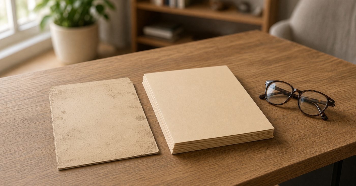 A thin worn folder beside a thick clean one on a desk