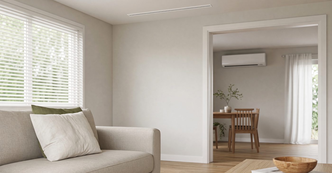 Living room with a ducted ceiling outlet and a wall-mounted split system in the next room