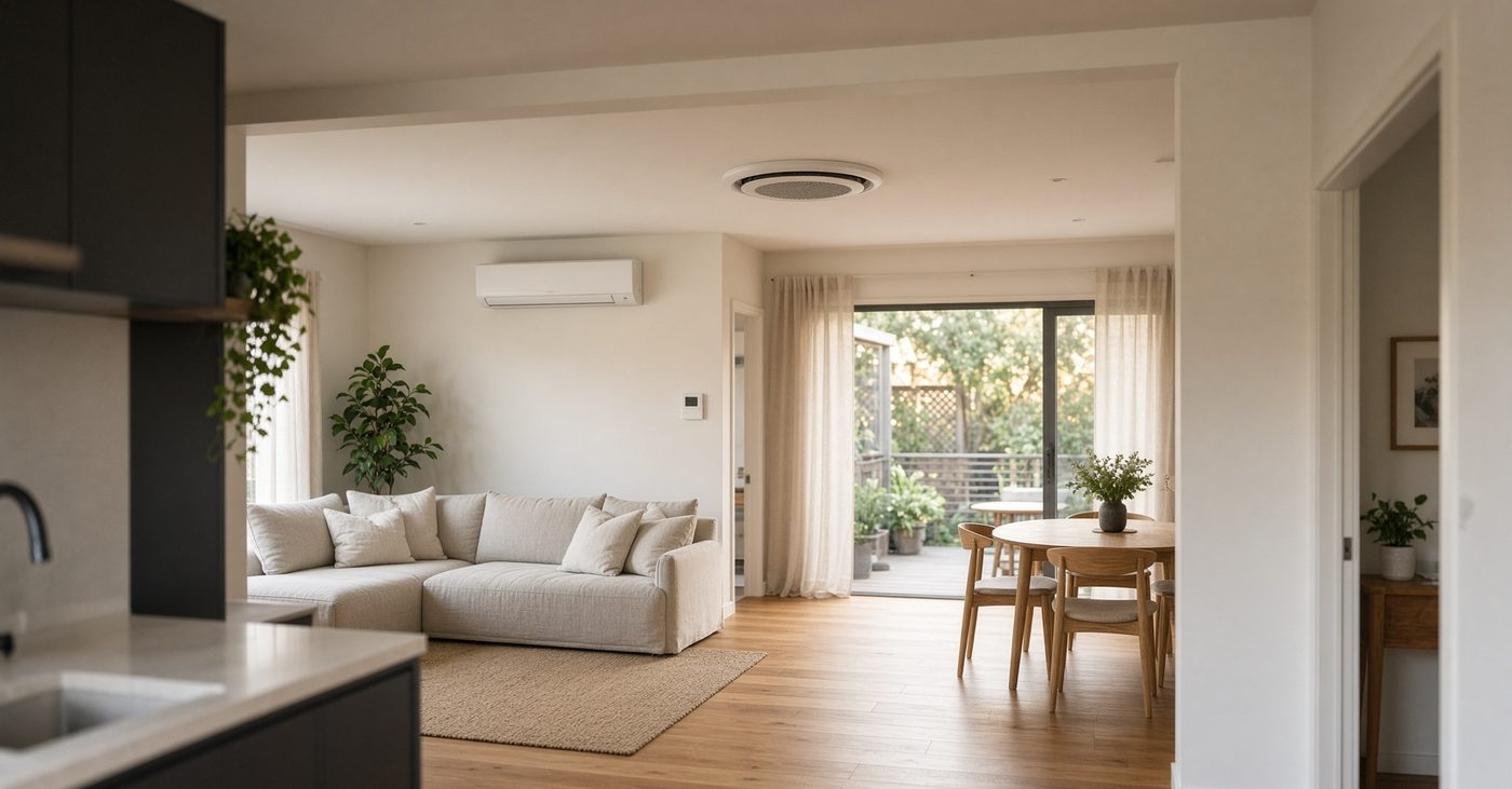 A living room with a wall-mounted split system and a ducted ceiling outlet